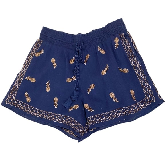 J crew 100% cotton lined navy shorts gold metallic embroidery pineapples medium - Picture 3 of 9